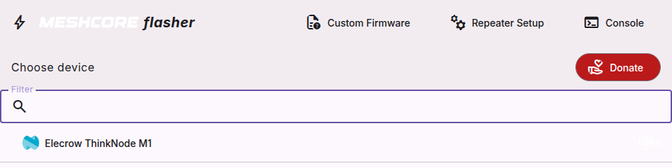 MeshCore flasher start screen: Custom Firmware is in the top toolbar beside Repeater Setup and Console.
