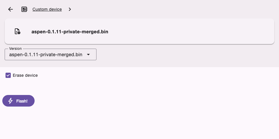 MeshCore flasher with aspen-0.1.11-private-merged.bin selected, Erase device checked, and the Flash button below.