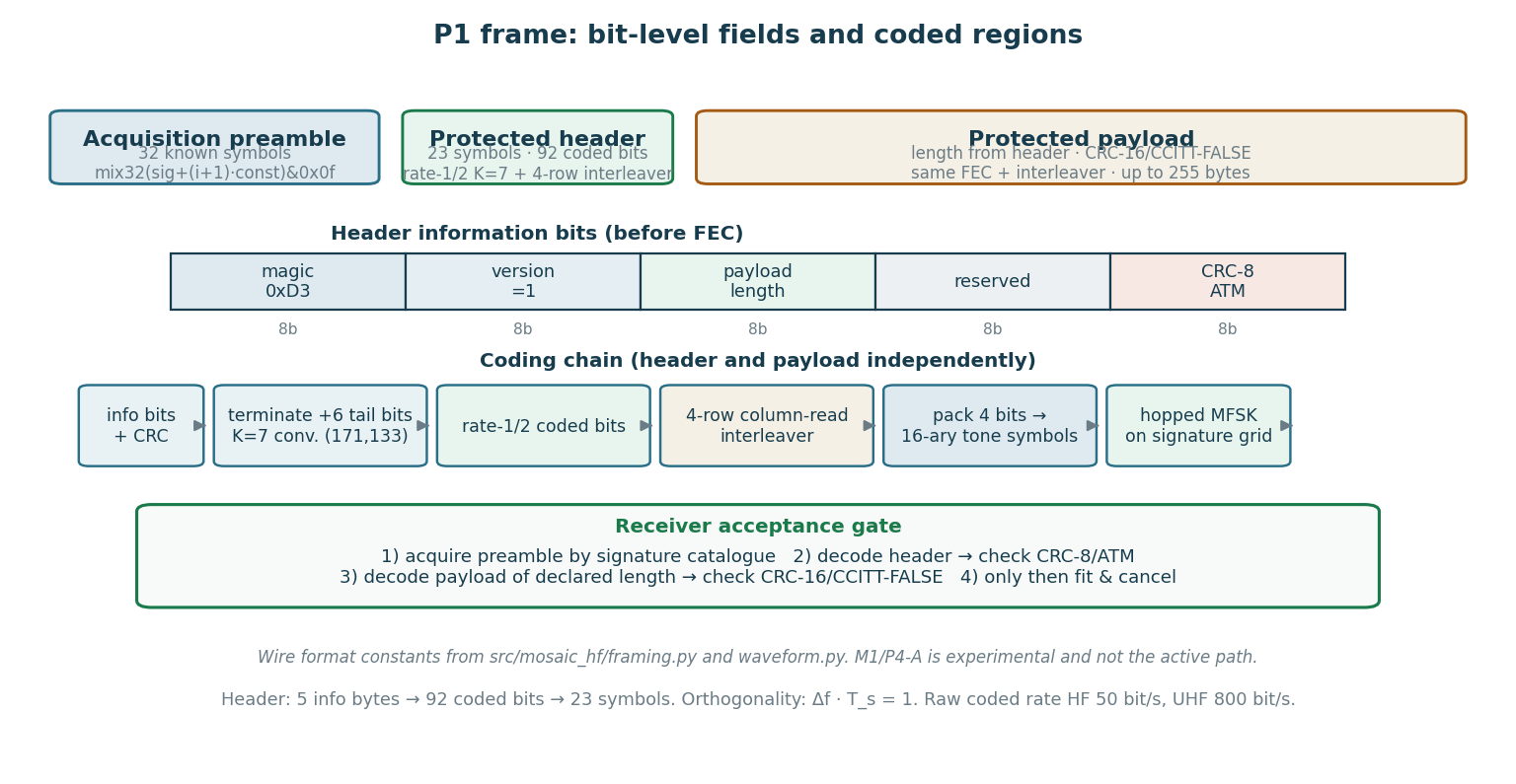 P1 bit-level fields, coding chain and CRC gate